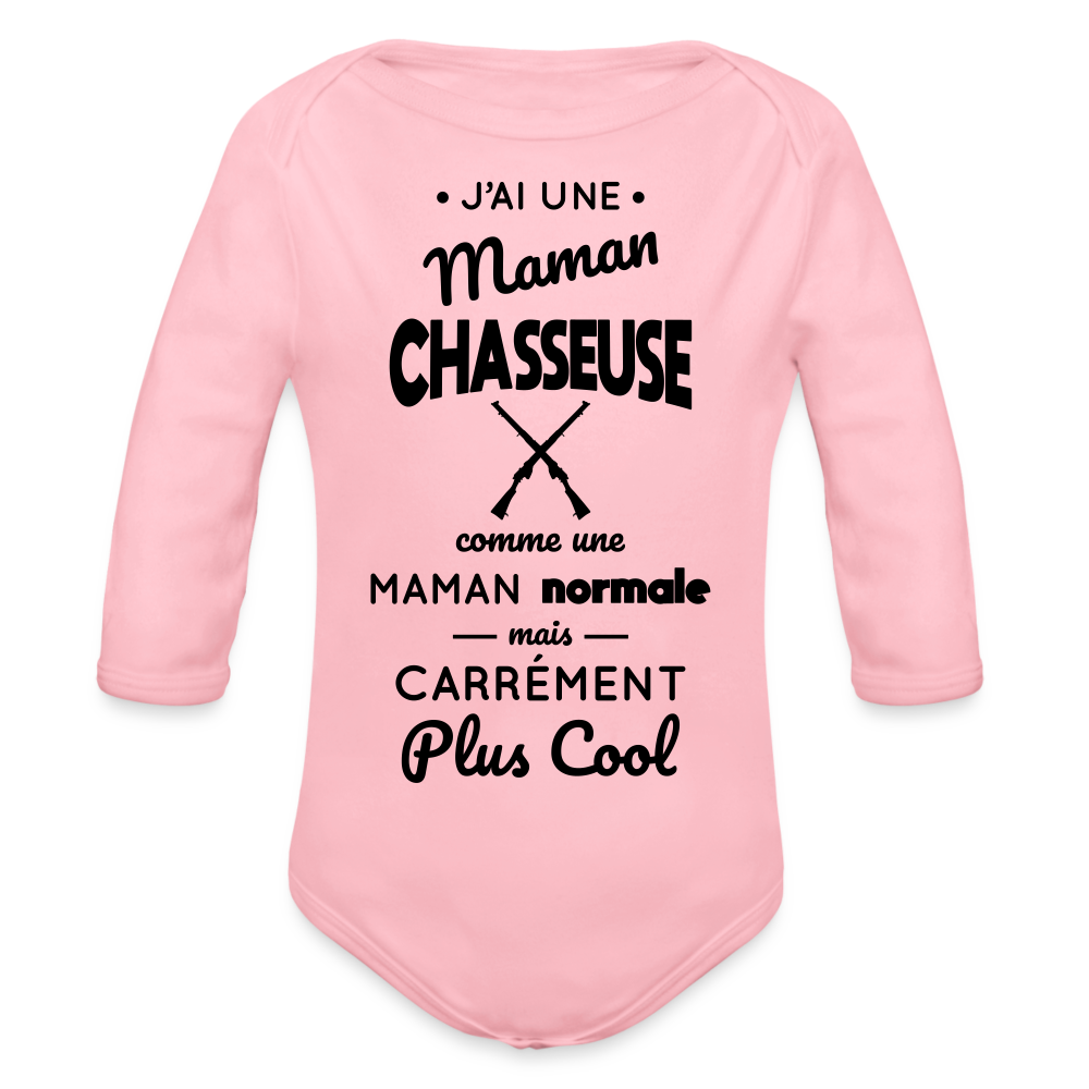 Body Bébé bio manches longues - J'ai une maman chasseuse - rose clair