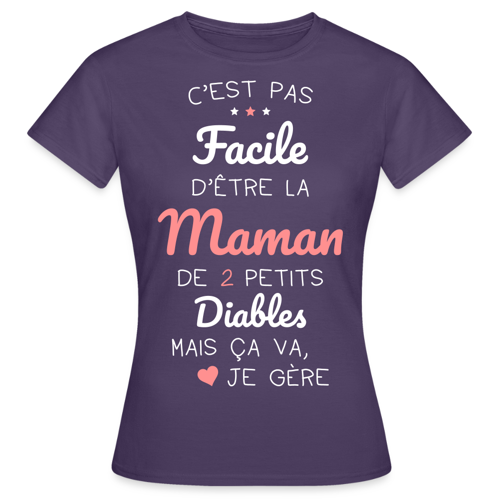 T-shirt Femme - Pas facile d'être la maman de 2 petits diables - violet foncé