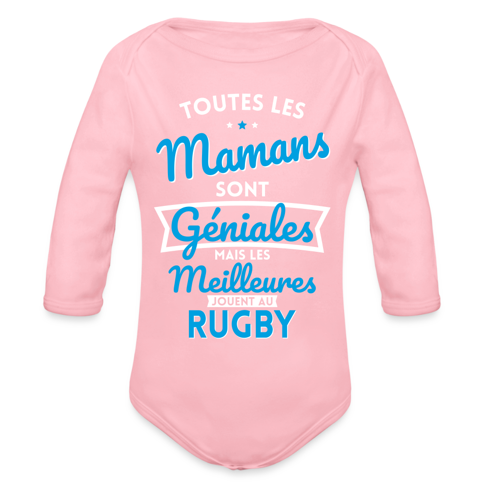 Body Bébé bio manches longues - Mamans géniales - Les meilleures jouent au rugby - rose clair
