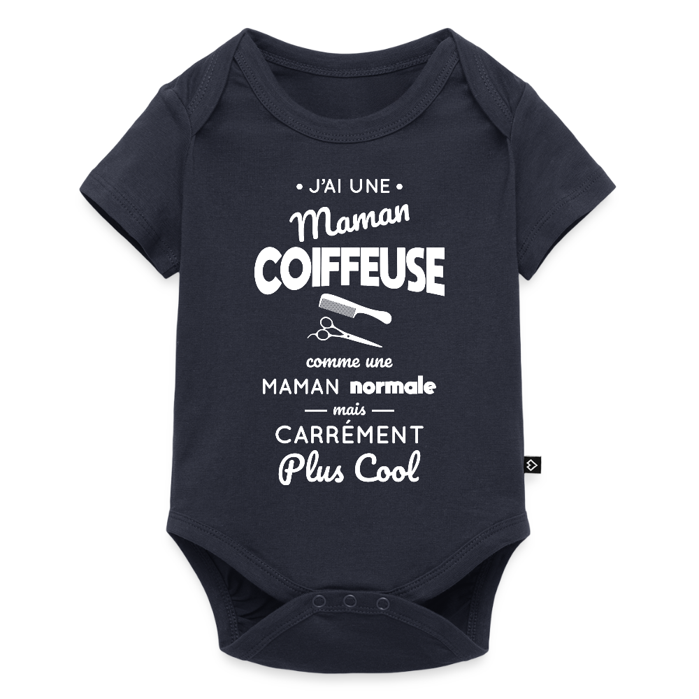 Body Bébé bio manches courtes - J'ai une maman coiffeuse - bleu marine