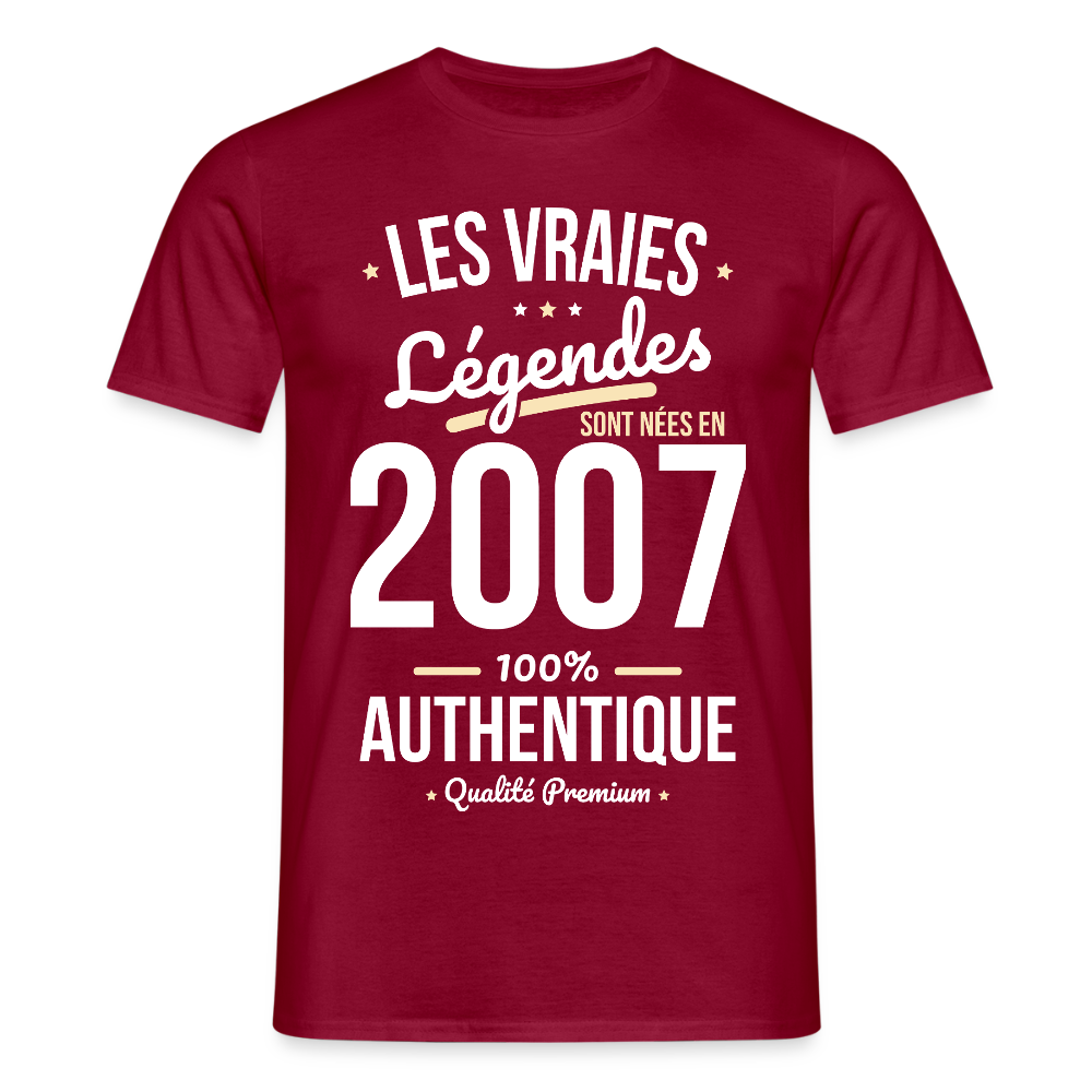 T-shirt Homme - Anniversaire 18 Ans - Les vraies Légendes sont nées en 2007 - rouge brique