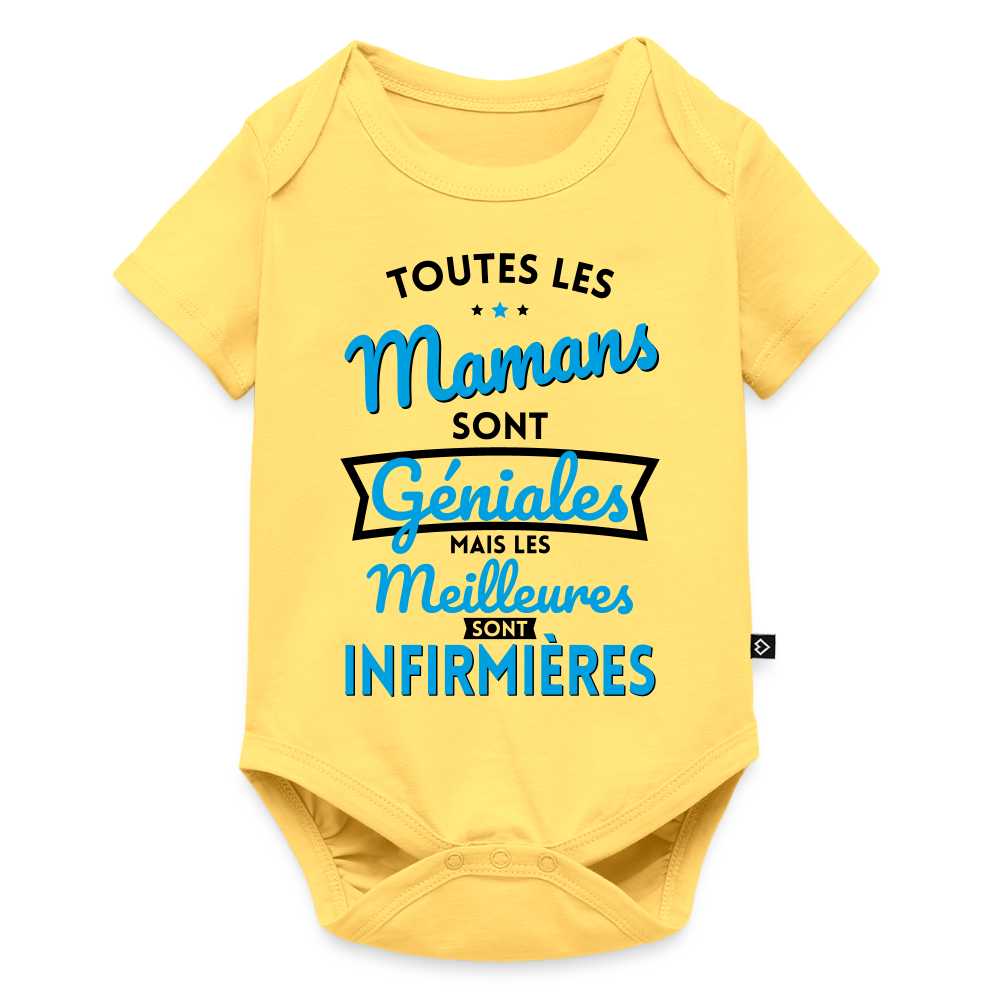 Body Bébé bio manches courtes - Mamans géniales - Les meilleures sont infirmières - jaune pastel