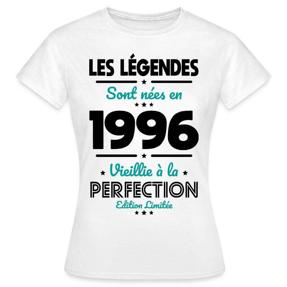 T-shirt anniversaire femme 30 ans couleur claire – Les légendes sont nées en 1996 - blanc