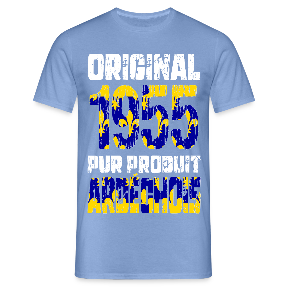 T-shirt Homme - Anniversaire 70 Ans - Original 1955 - Pur produit Ardéchois - carolina blue