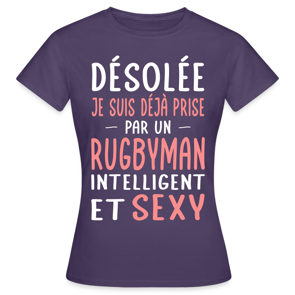 T-shirt Femme - Je suis prise par un rugbyman intelligent et sexy - violet foncé