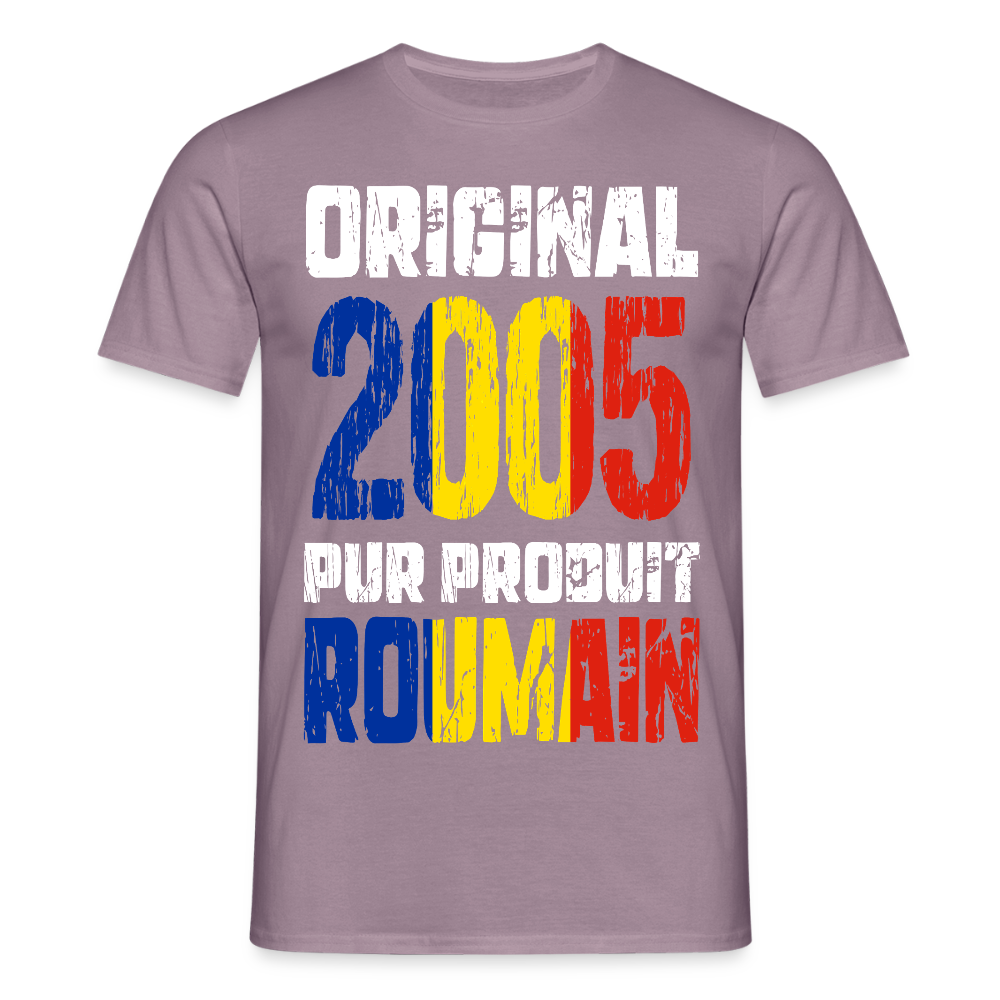 T-shirt Homme - Anniversaire 20 Ans - Original 2005 - Pur produit Roumain - mauve gris