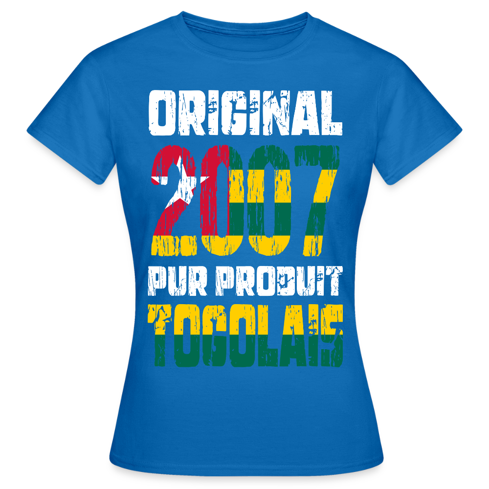 T-shirt Femme - Anniversaire 18 Ans - Original 2007 - Pur produit Togolais - bleu royal