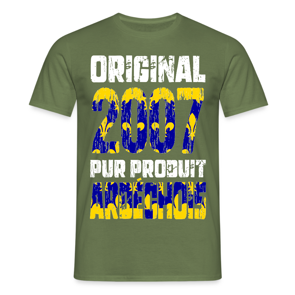 T-shirt Homme - Anniversaire 18 Ans - Original 2007 - Pur produit Ardéchois - vert militaire