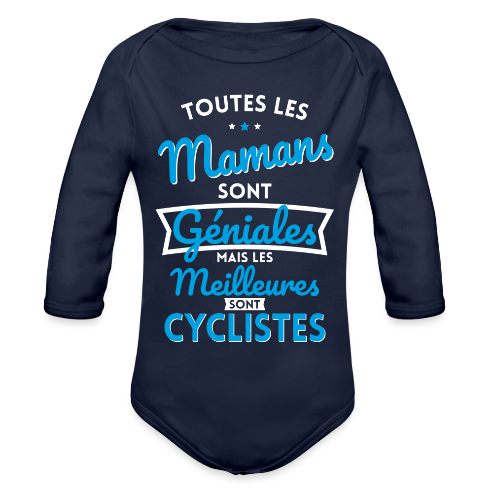 Body Bébé bio manches longues - Mamans géniales - Les meilleures sont cyclistes - marine foncé