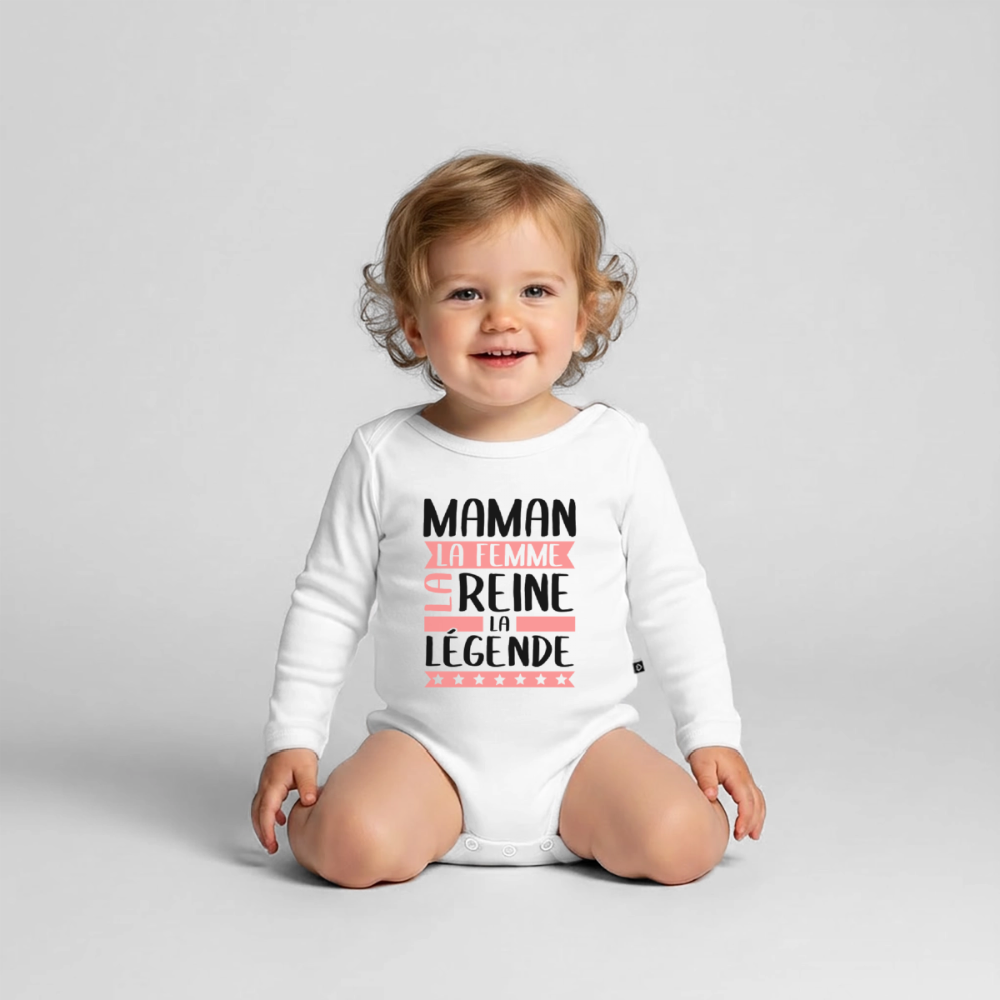 Body bébé bio manches longues coloris clair motif rose - Maman, la femme, la reine, la légende - blanc