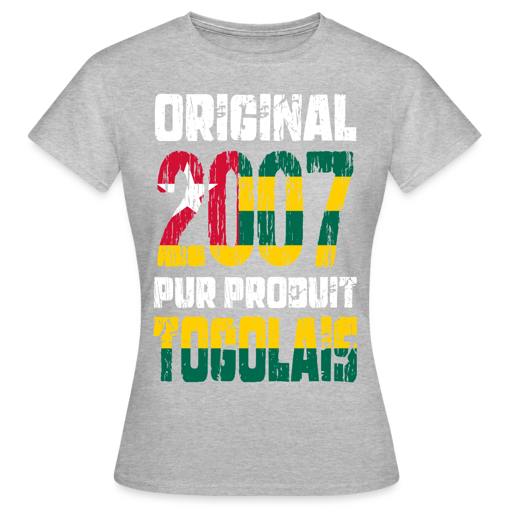 T-shirt Femme - Anniversaire 18 Ans - Original 2007 - Pur produit Togolais - gris chiné