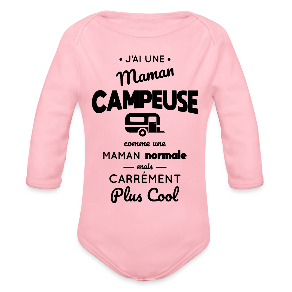 Body Bébé bio manches longues - J'ai une maman campeuse - rose clair