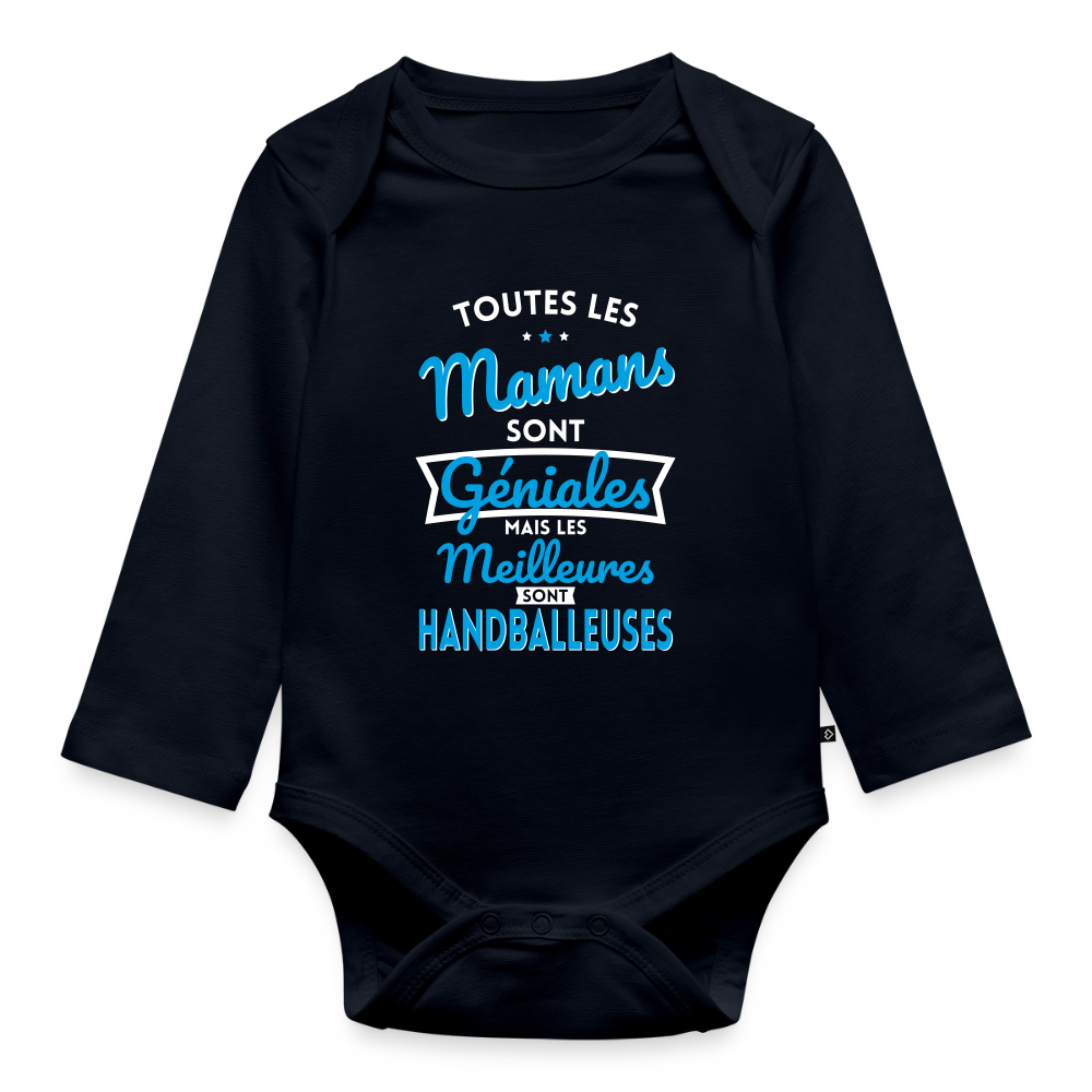 Body Bébé bio manches longues - Mamans géniales - Les meilleures sont handballeuses - bleu marine