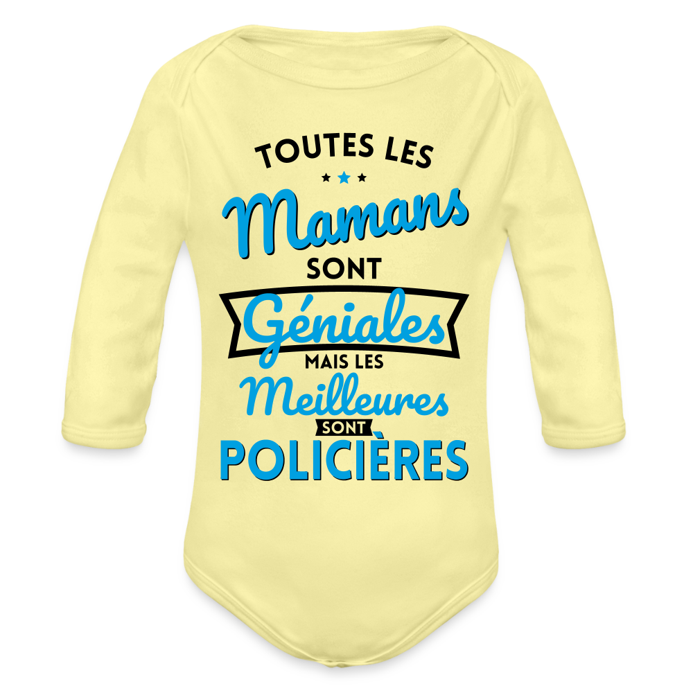 Body Bébé bio manches longues - Mamans géniales - Les meilleures sont policières - jaune délavé