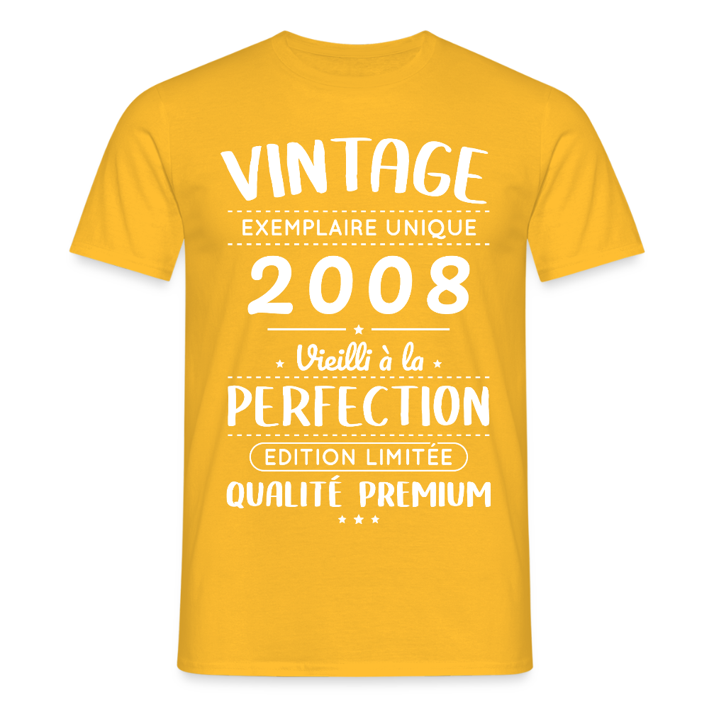 T-shirt anniversaire homme 18 ans – Vintage 2008 – Perfection - jaune