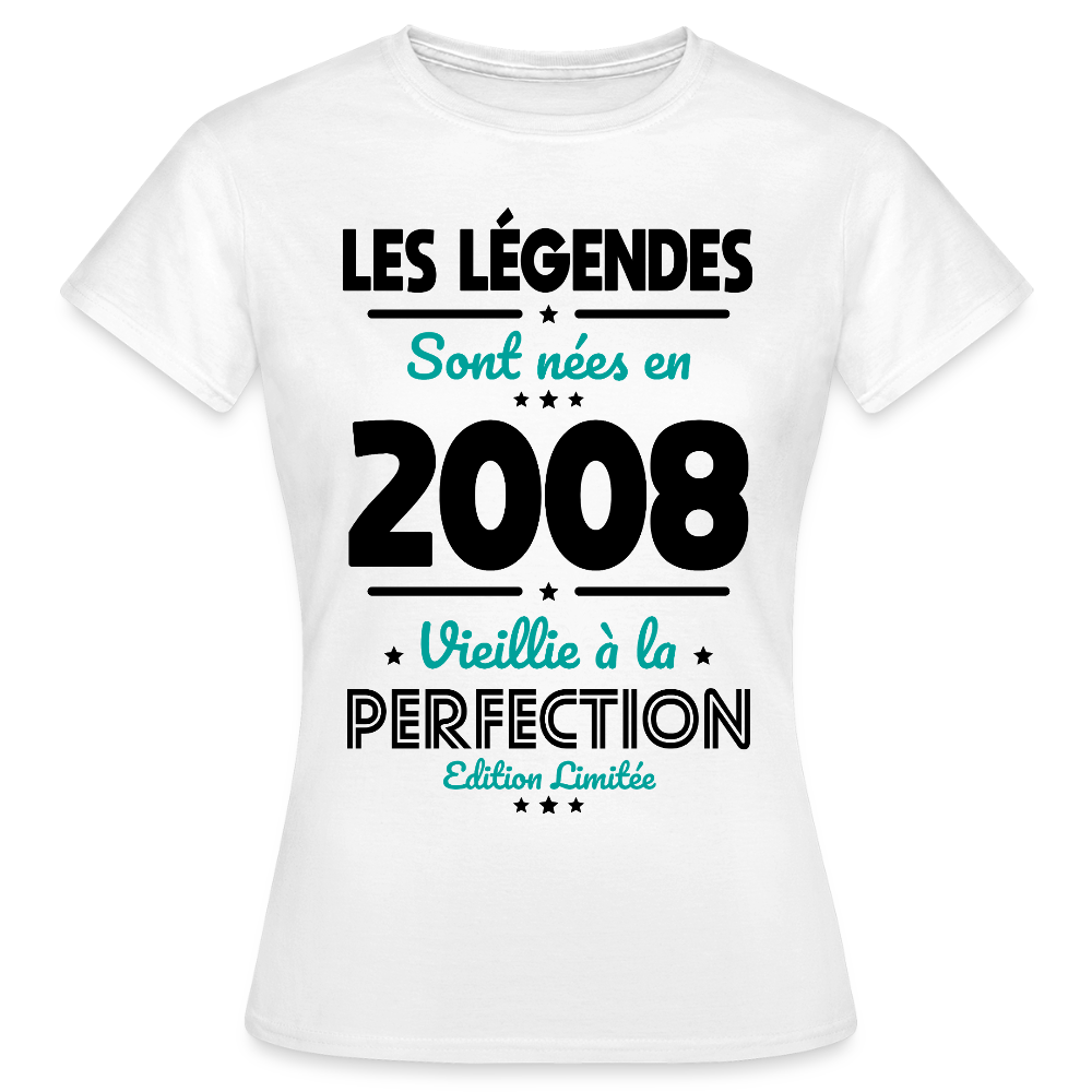 T-shirt anniversaire femme 18 ans couleur claire – Les légendes sont nées en 2008 - blanc