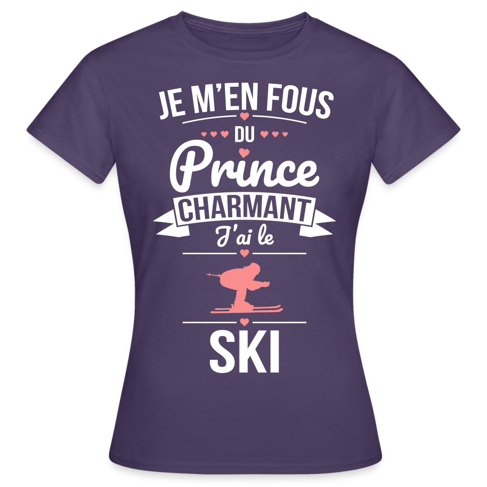 T-shirt Femme - Je m'en fous du prince charmant j'ai le ski - violet foncé