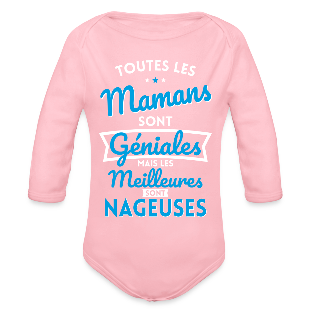 Body Bébé bio manches longues - Mamans géniales - Les meilleures sont nageuses - rose clair