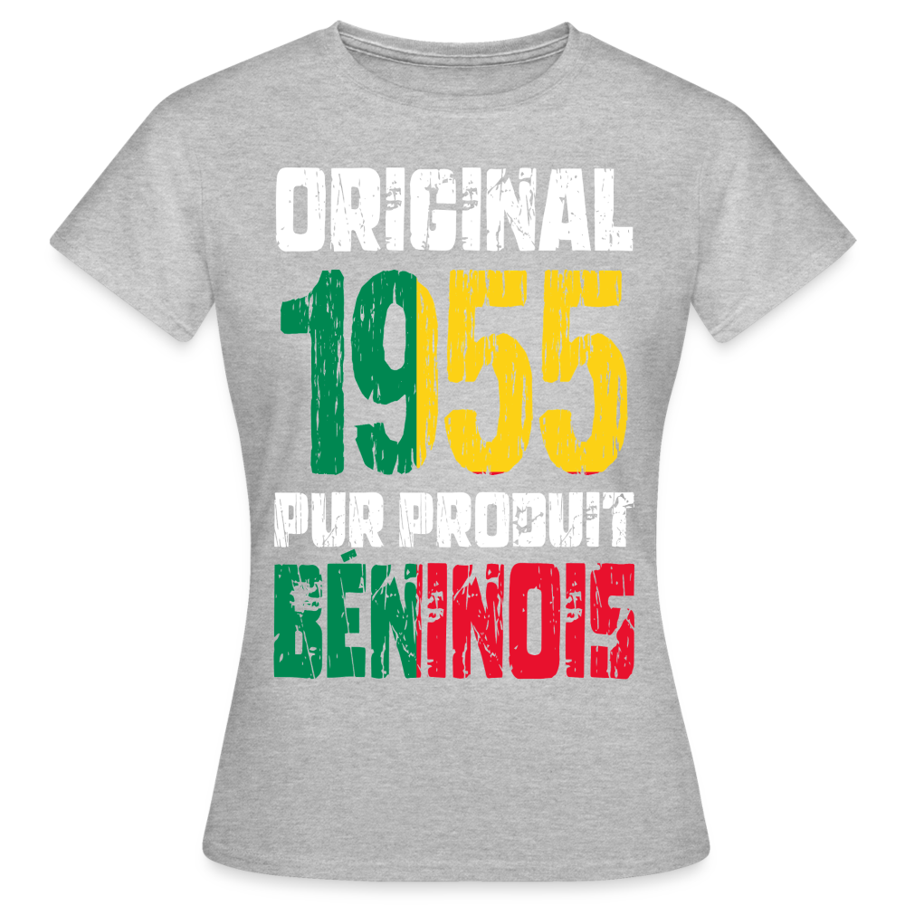 T-shirt Femme - Anniversaire 70 Ans - Original 1955 - Pur produit Béninois - gris chiné