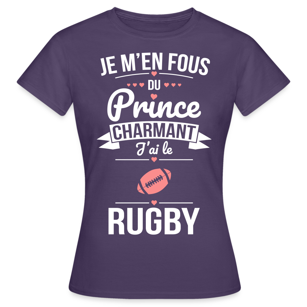 T-shirt Femme - Je m'en fous du prince charmant j'ai le rugby - violet foncé