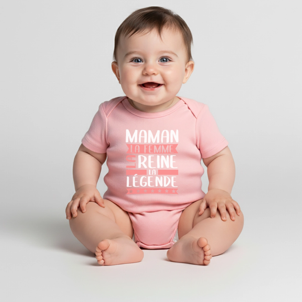 Body bébé bio manches courtes motif rose - Maman, la femme, la reine, la légende - rose