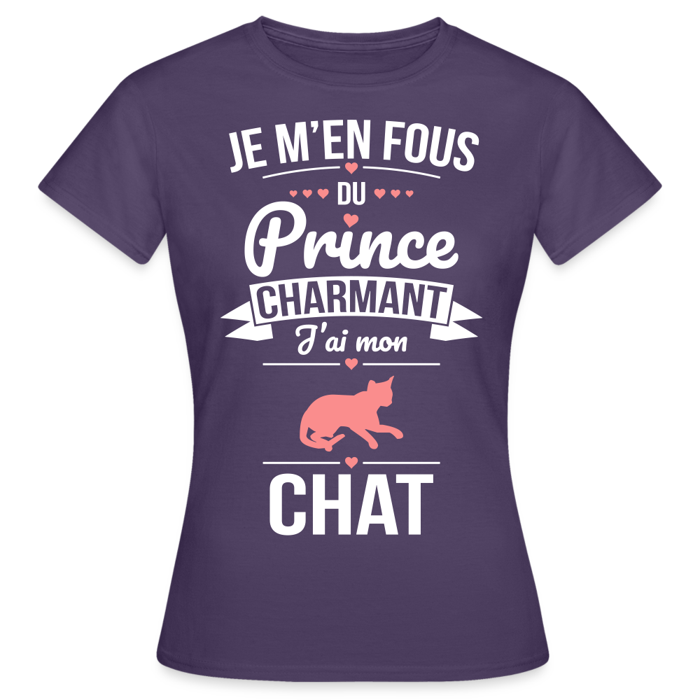 T-shirt Femme - Je m'en fous du prince charmant j'ai mon chat - violet foncé