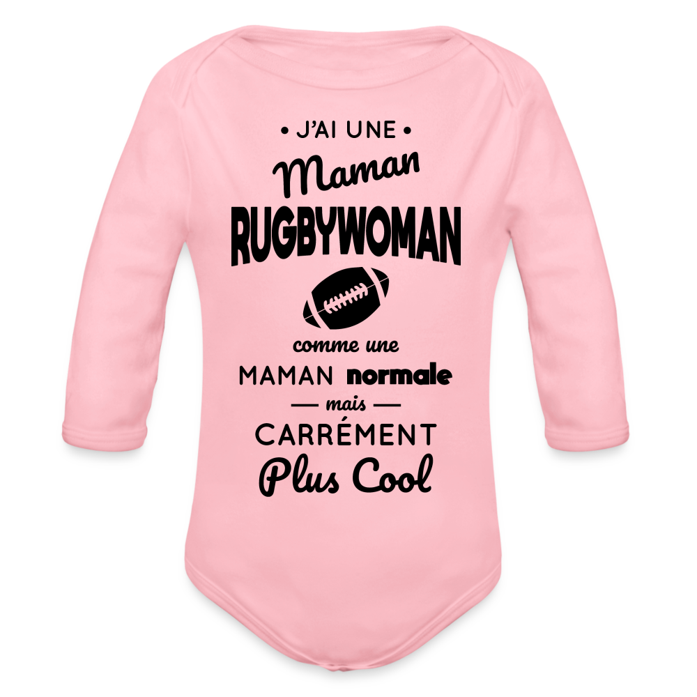 Body Bébé bio manches longues - J'ai une maman rugbywoman - rose clair