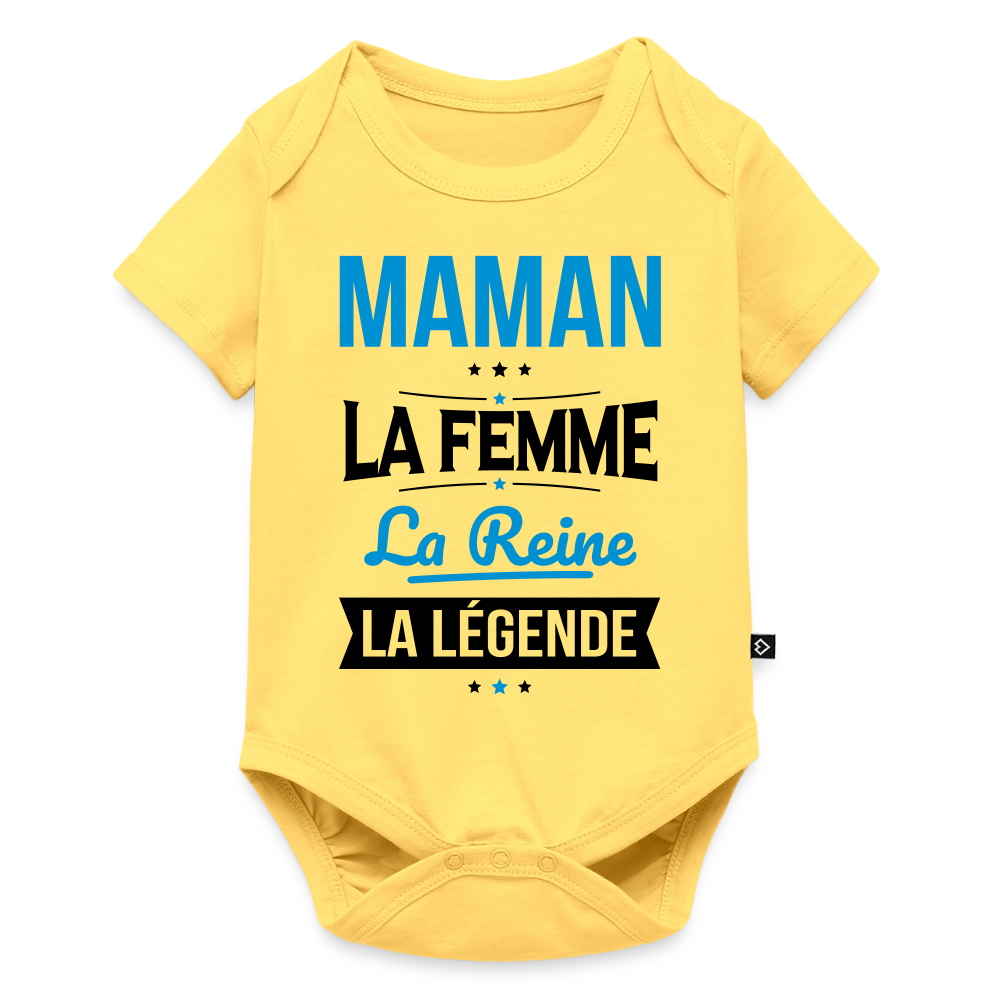 Body bébé bio manches courtes coloris clair - Maman, femme, reine, légende - jaune pastel