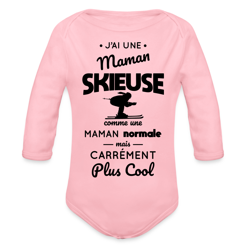 Body Bébé bio manches longues - J'ai une maman skieuse - rose clair