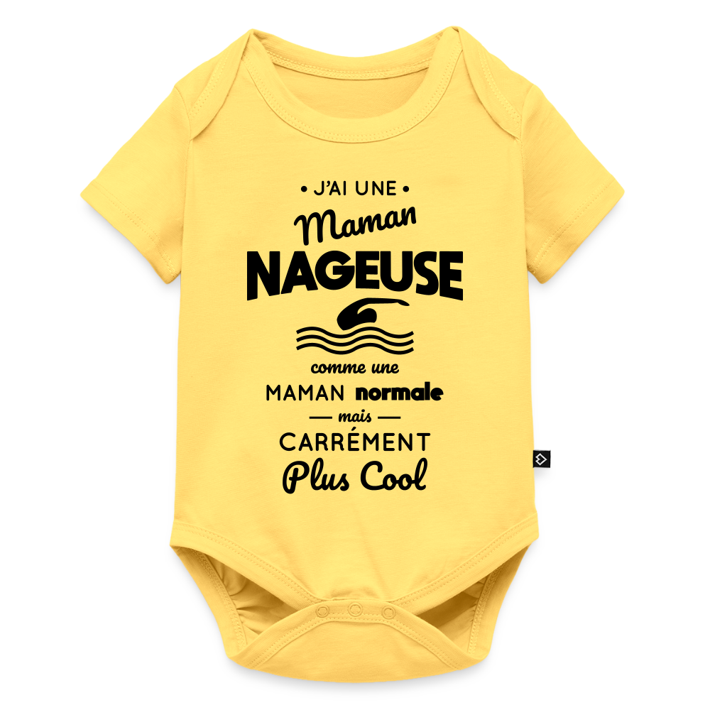 Body Bébé bio manches courtes - J'ai une maman nageuse - jaune pastel