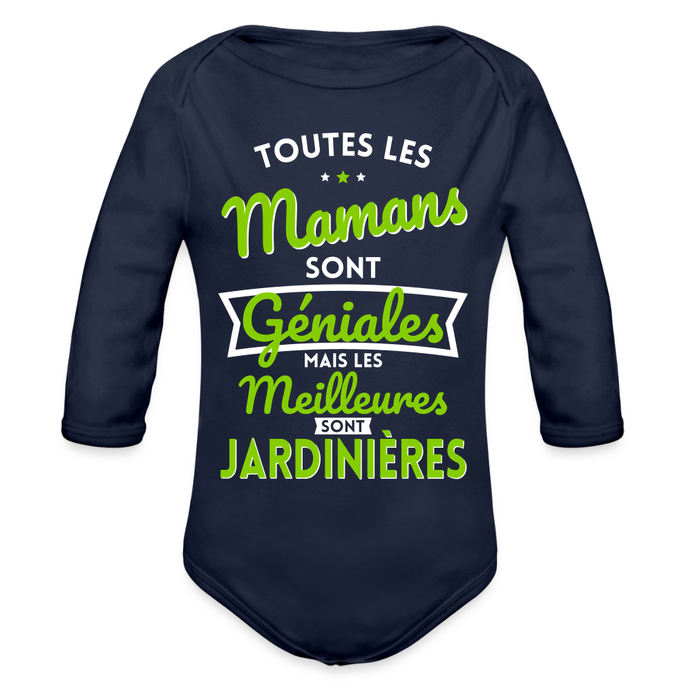 Body Bébé bio manches longues - Mamans géniales - Les meilleures sont jardinières - marine foncé