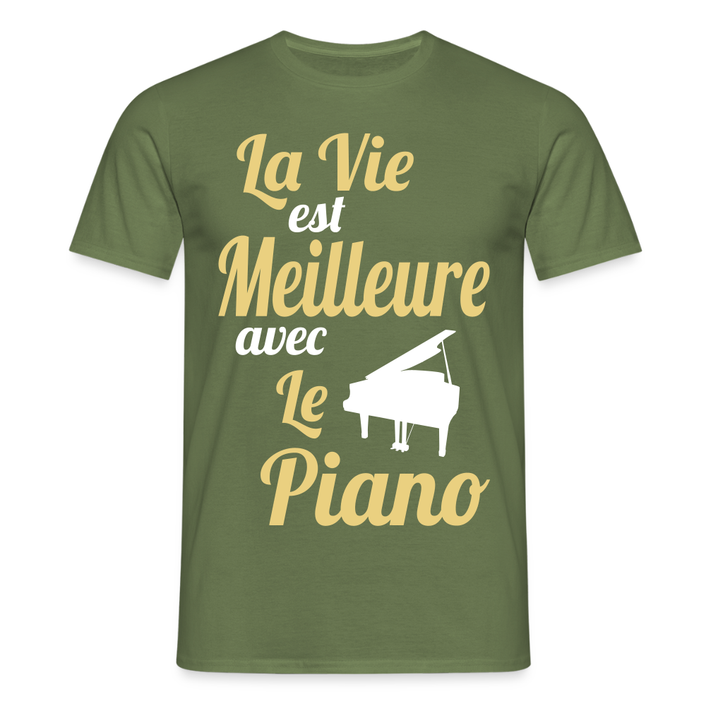 T-shirt Homme - La vie est meilleure avec le piano - vert militaire