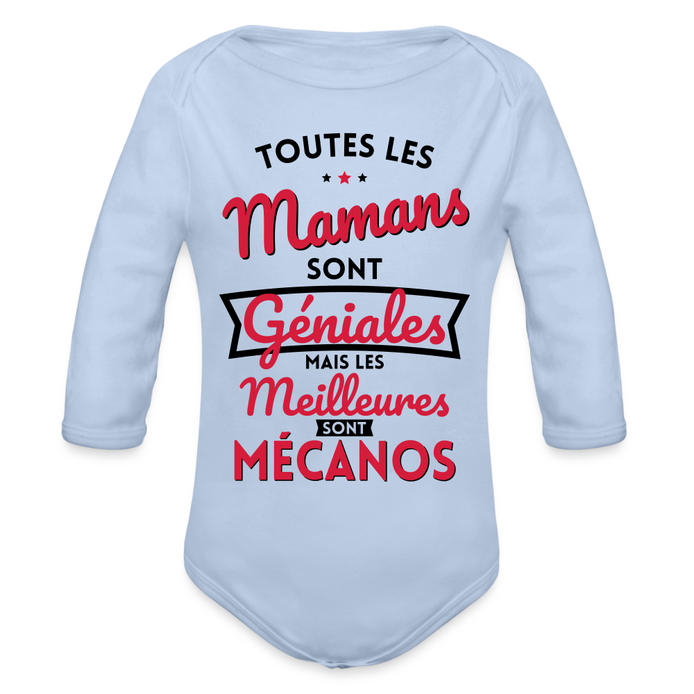 Body Bébé bio manches longues - Mamans géniales - Les meilleures sont mécanos - ciel