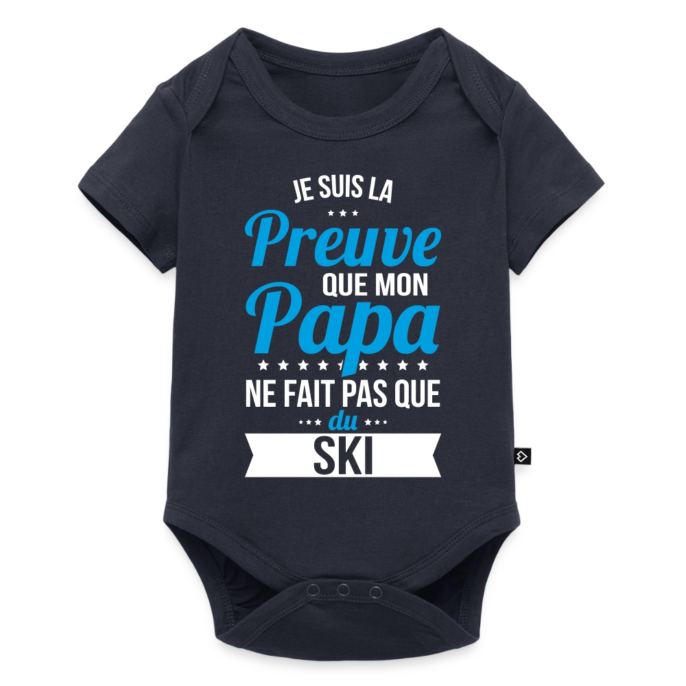 Body Bébé bio manches courtes - Mon Papa Ne Fait Pas Que Du Ski - bleu marine