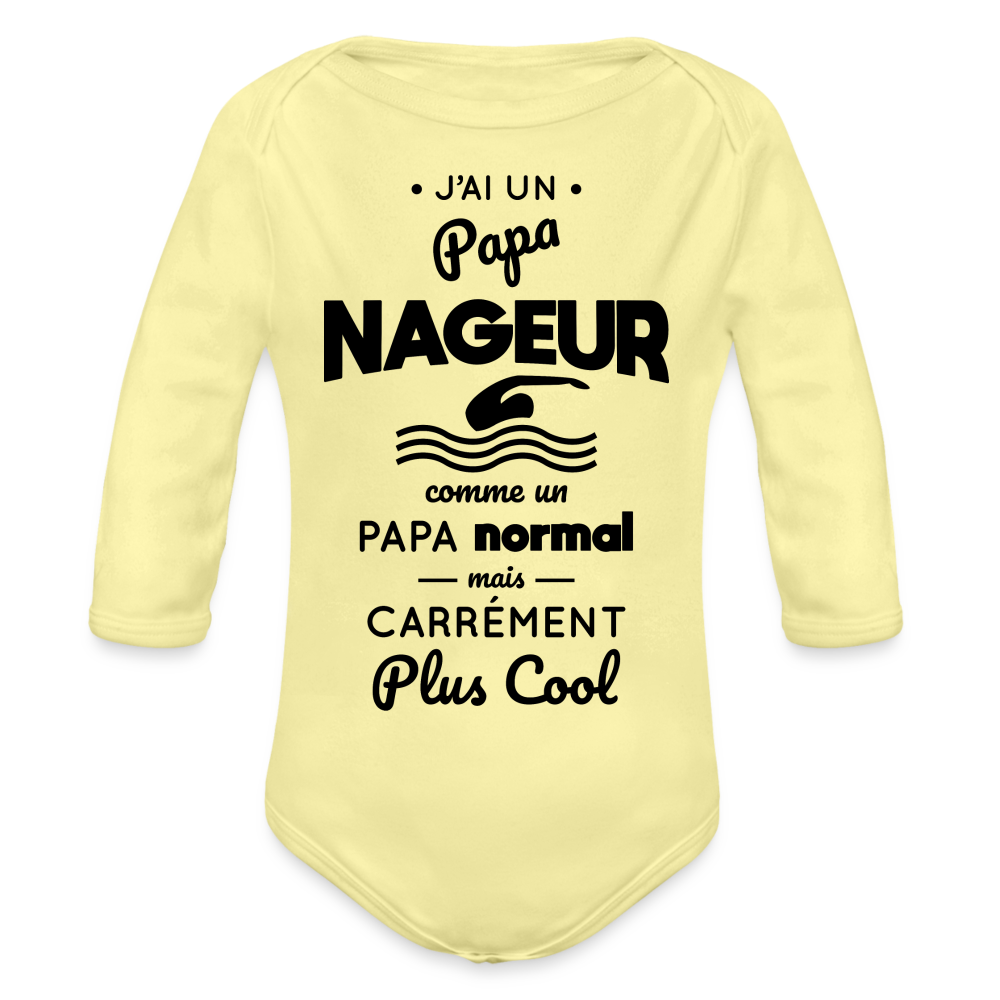 Body Bébé bio manches longues - J'ai un papa nageur - jaune délavé