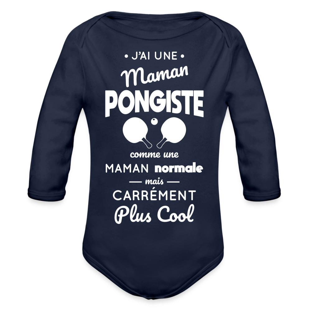 Body Bébé bio manches longues - J'ai une maman pongiste - marine foncé