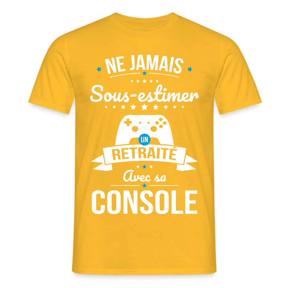 T-shirt Homme - Ne jamais sous-estimer un retraité avec sa console - jaune