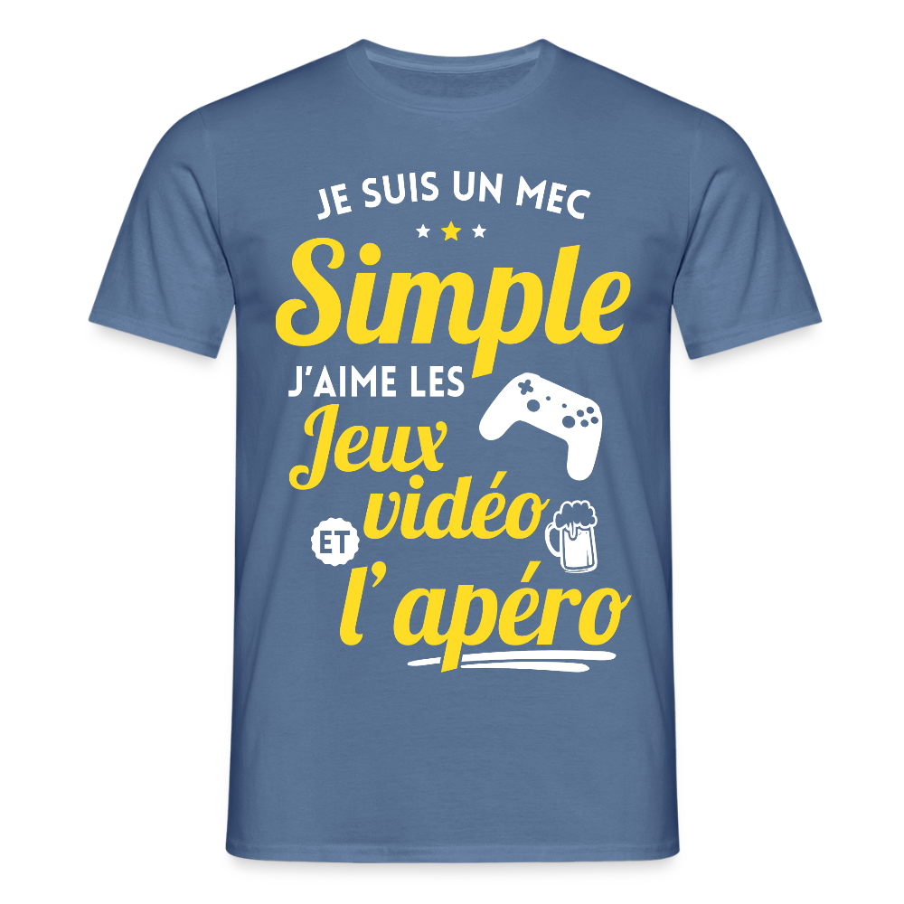 T-shirt Homme - J'aime les jeux vidéo et l'apéro - bleu pigeon