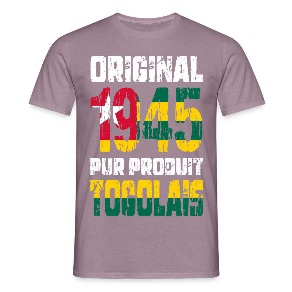 T-shirt Homme - Anniversaire 80 Ans - Original 1945 - Pur produit Togolais - mauve gris