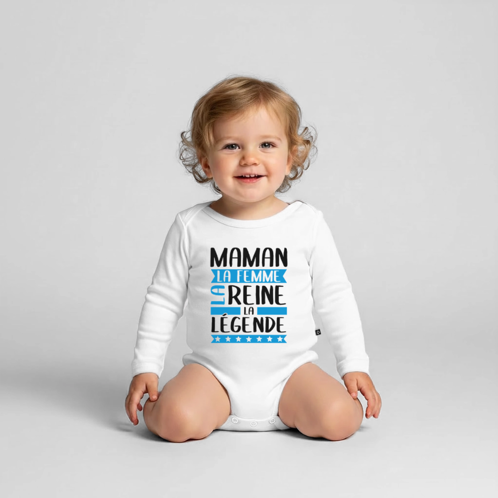 Body bébé bio manches longues coloris clair - Maman, la femme, la reine, la légende - blanc