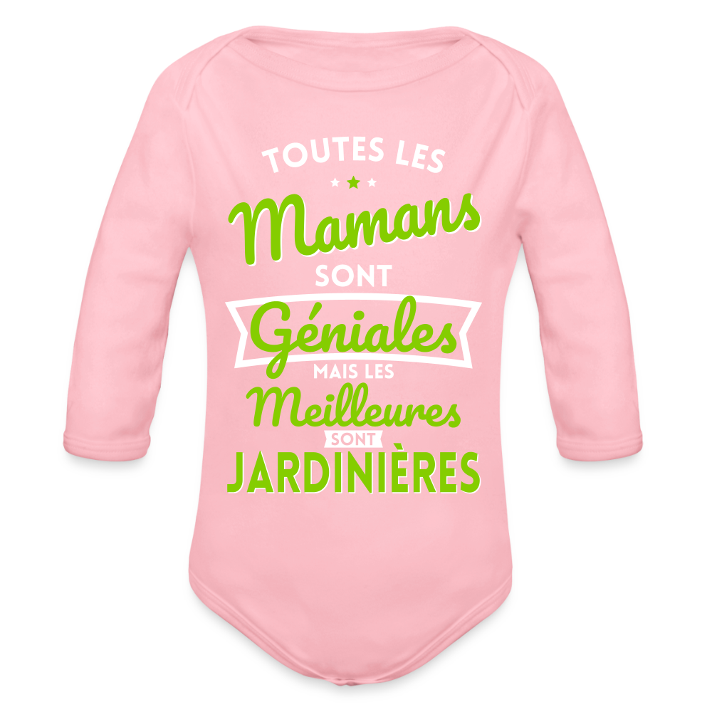 Body Bébé bio manches longues - Mamans géniales - Les meilleures sont jardinières - rose clair