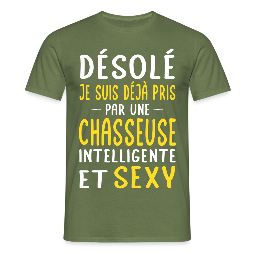 T-shirt Homme - Je suis déjà pris par une chasseuse intelligente et sexy - vert militaire