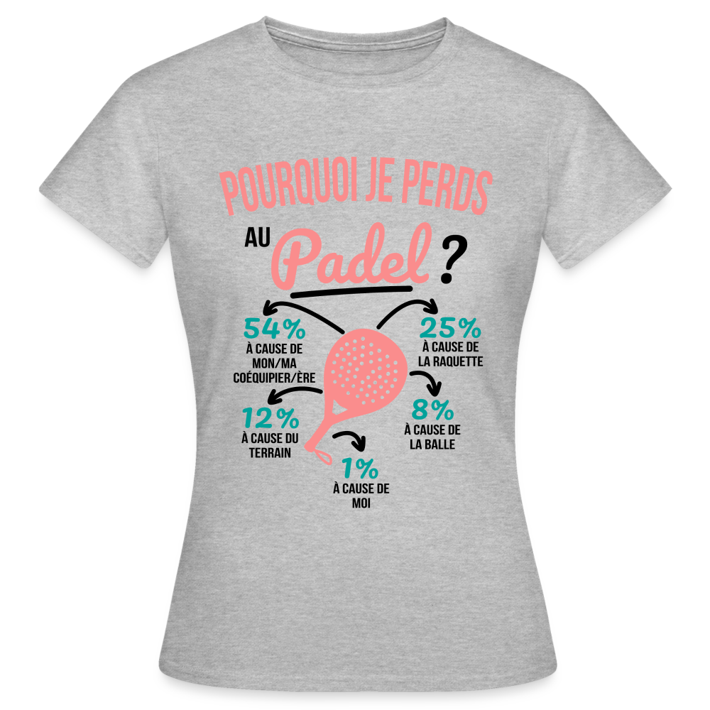 T-shirt Femme - Pourquoi Je Perds Au Padel - gris chiné