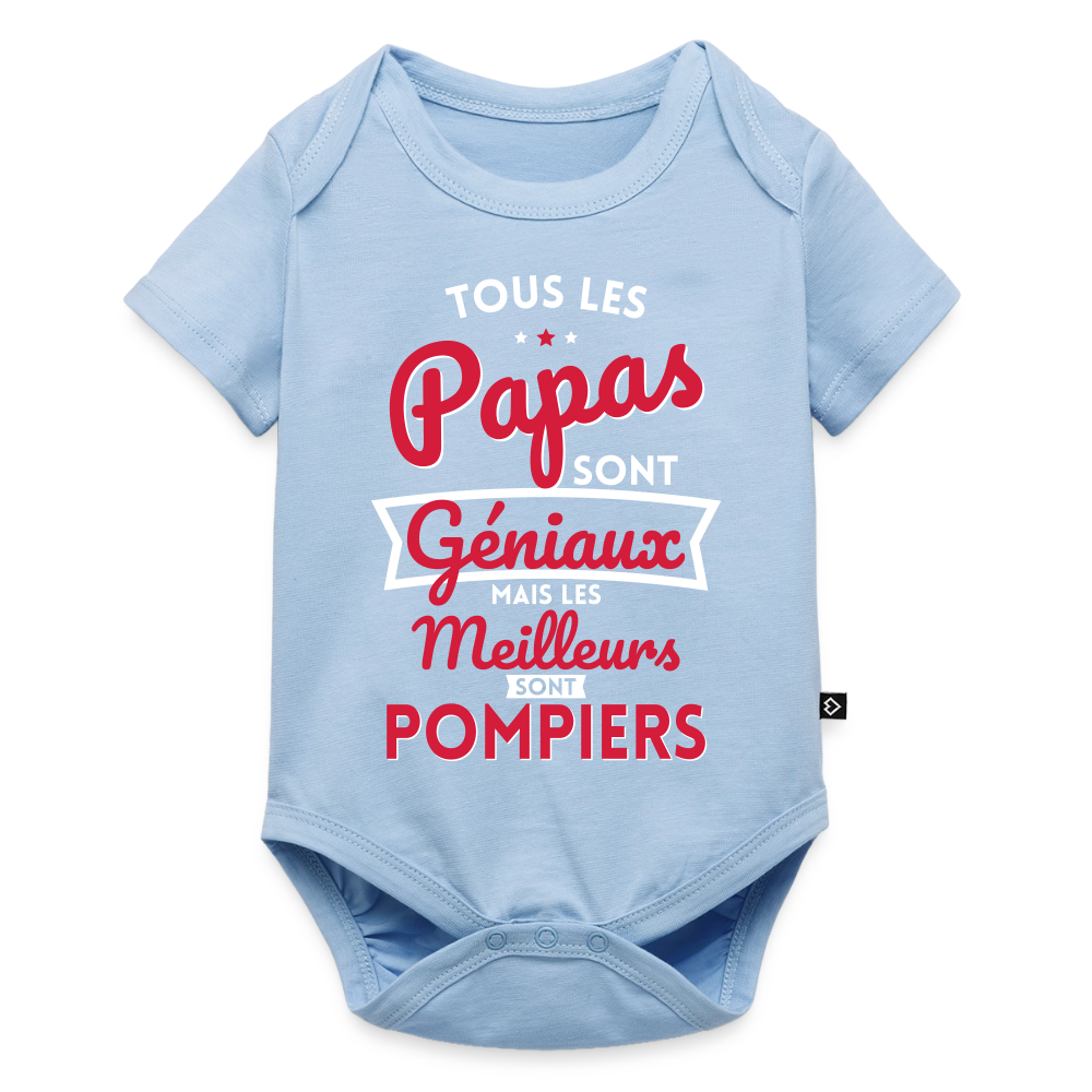 Body Bébé bio manches courtes - Papas géniaux - Les meilleurs sont pompiers - bleu clair
