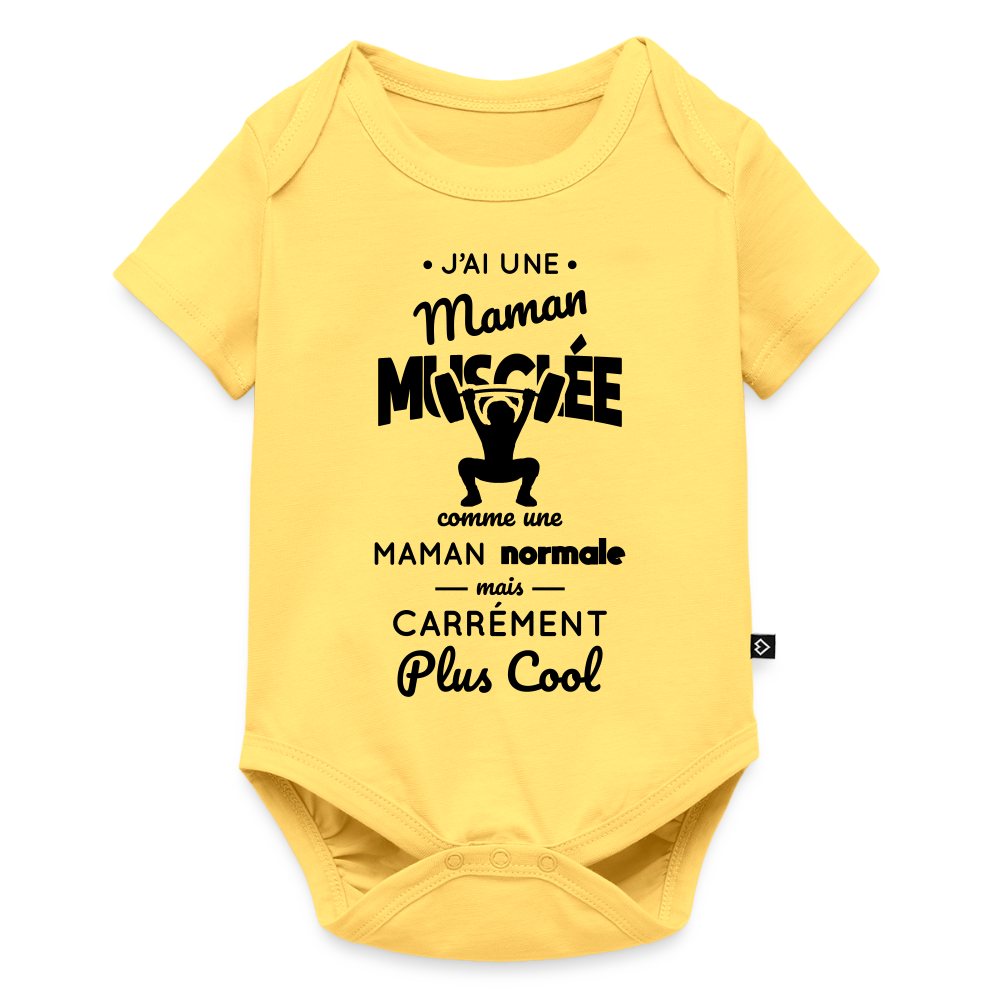 Body Bébé bio manches courtes - J'ai une maman musclée - jaune pastel