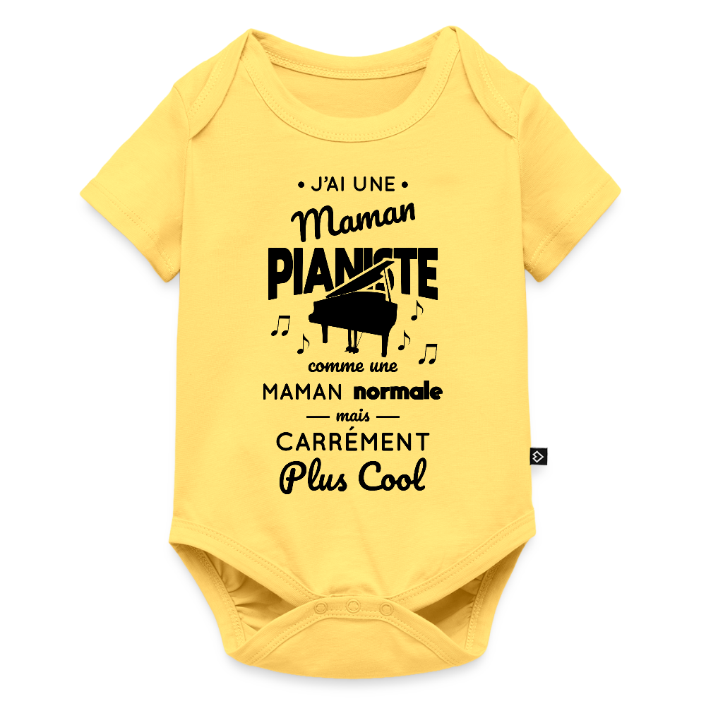 Body Bébé bio manches courtes - J'ai une maman pianiste - jaune pastel