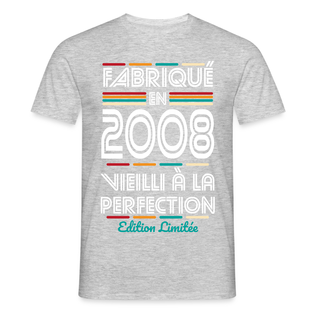 T-shirt anniversaire homme 18 ans – Fabriqué en 2008, Vieilli à la Perfection - gris chiné