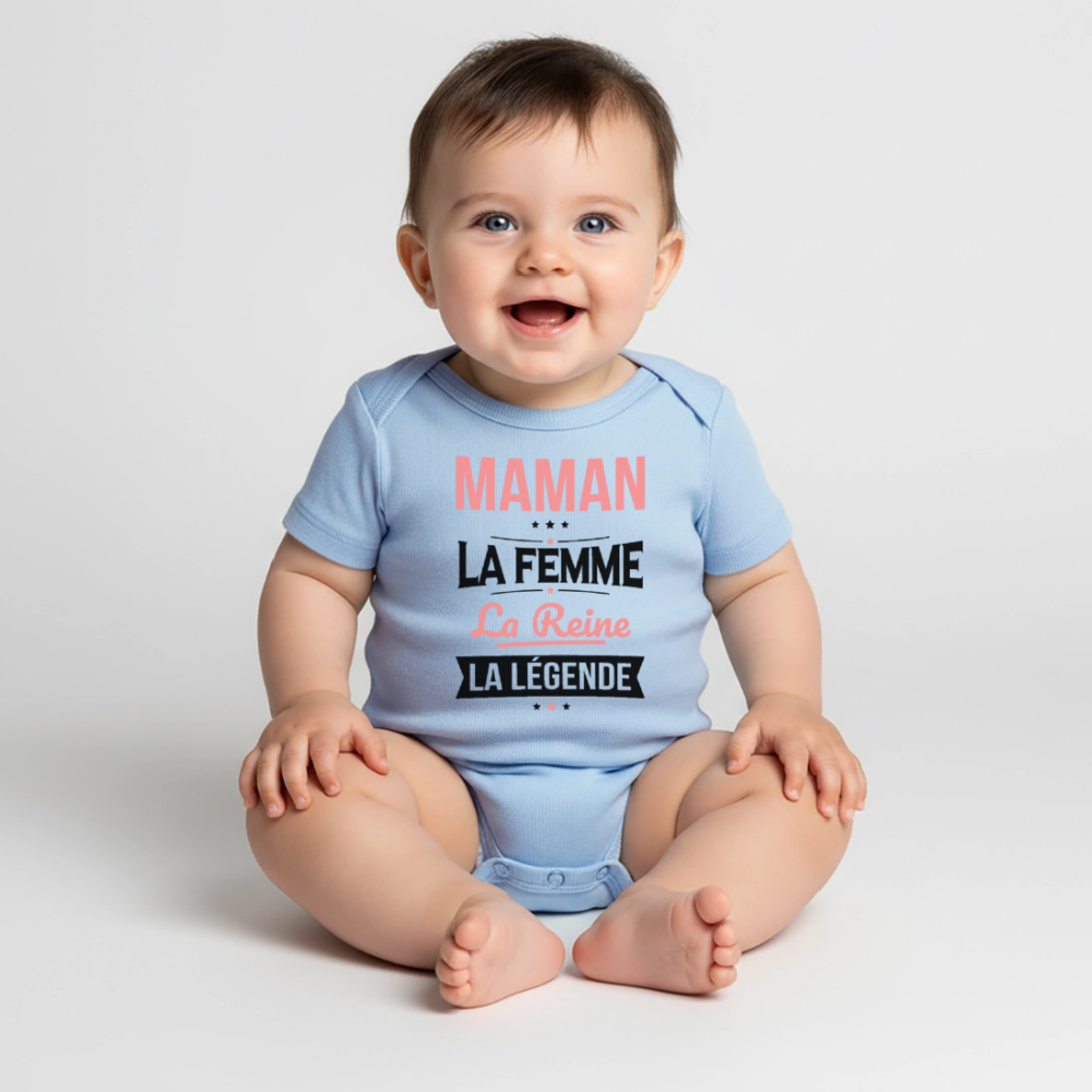 Body bébé bio manches courtes coloris clair motif rose - Maman, femme, reine, légende - bleu clair