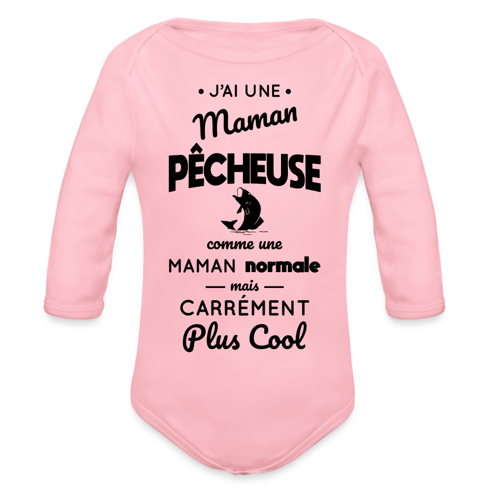 Body Bébé bio manches longues - J'ai une maman pêcheuse - rose clair