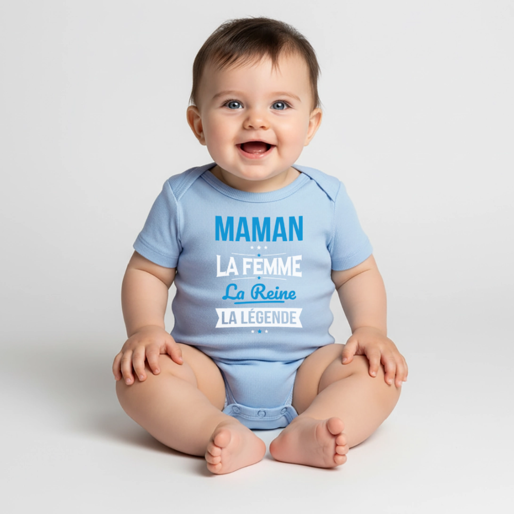 Body bébé bio manches courtes - Maman, femme, reine, légende - bleu clair